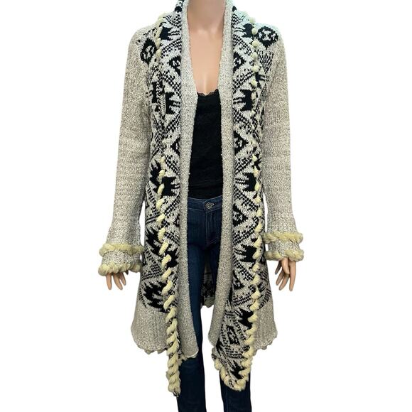 Venus Boho Duster Cardigan XS Southwestern Print Bell Sleeve Faux Fur Trim Soft - Picture 1 of 10